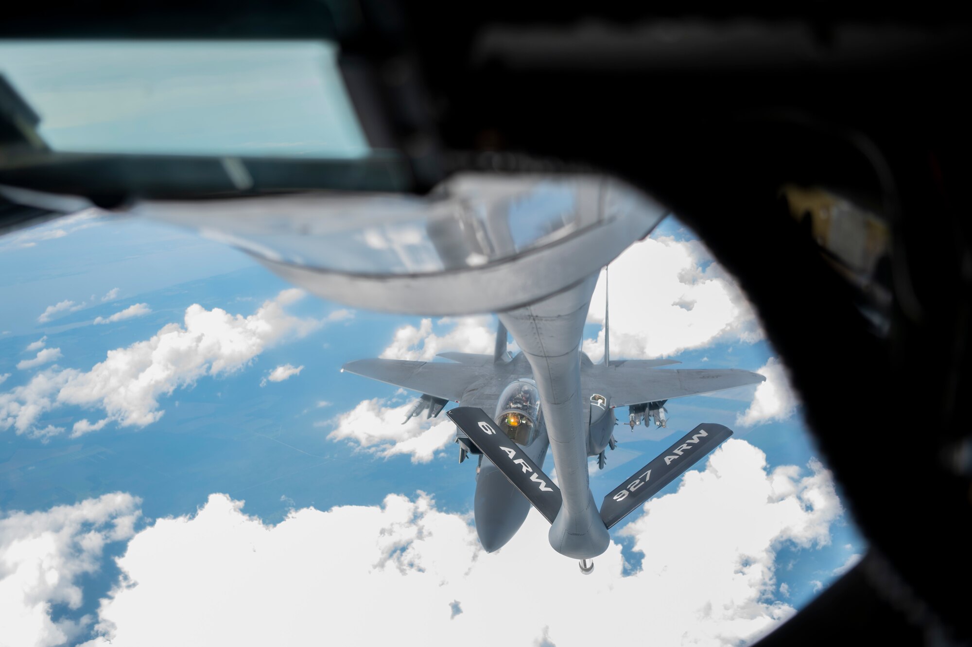 An F-15E Strike Eagle assigned to the 4th Fighter Wing, approaches a KC-135 Stratotanker assigned to the 91st Air Refueling Squadron over the Northeastern U.S. Aug. 24, 2022.