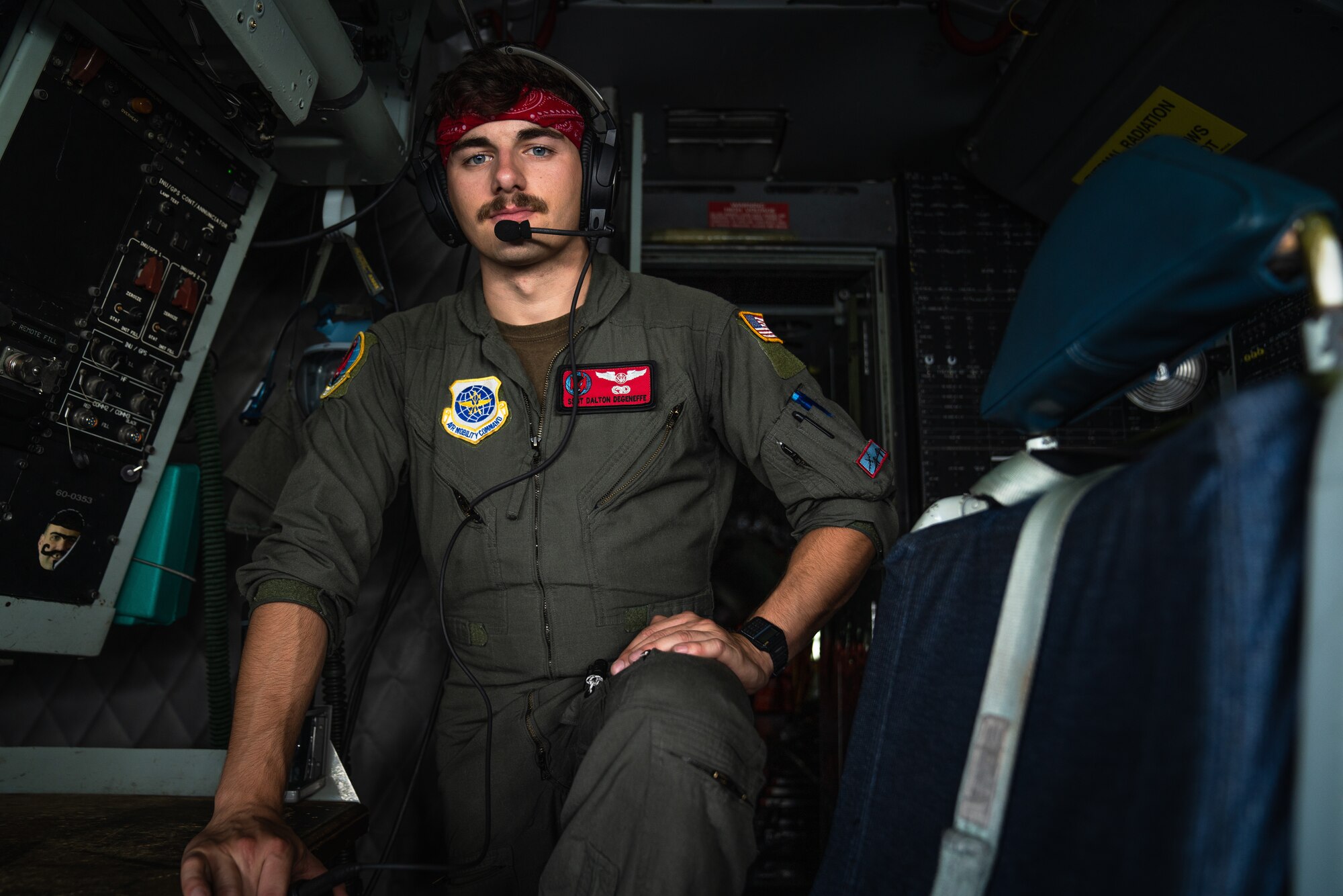 U.S. Air Force Staff Sgt. Dalton Degeneffe, 50th Air Refueling Squadron boom operator, awaits performing air refueling duties on a flight during the 6th Air Refueling Wing’s Agile Combat Employment capstone exercise, Aug. 23, 2022.