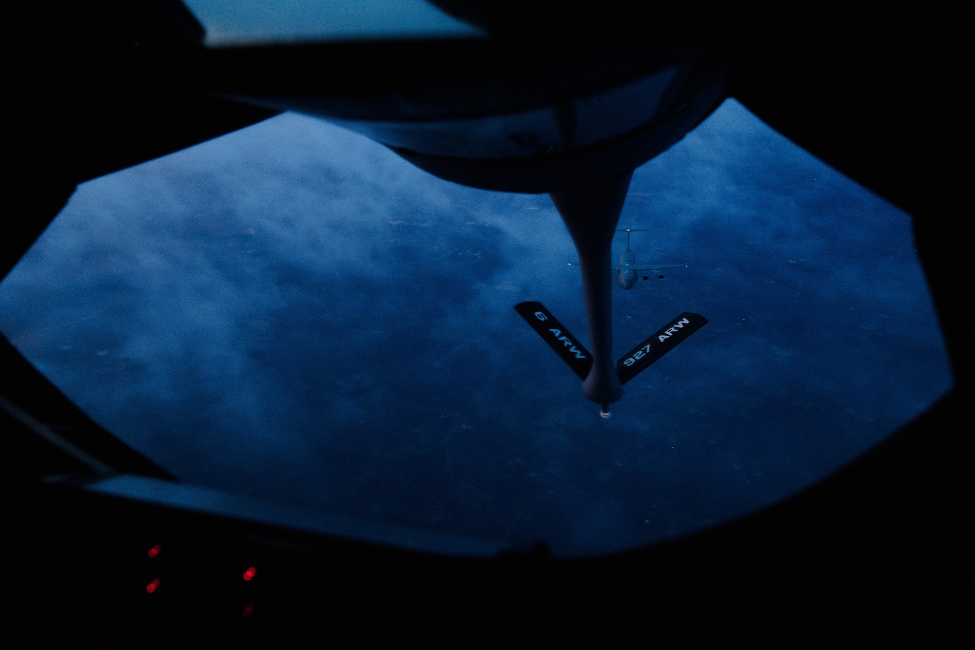 A C-17 Globemaster III aircraft assigned to the 437th Airlift Wing approaches a KC-135 Stratotanker aircraft assigned to the 6th Air Refueling Wing during the 6th ARW Agile Combat Employment capstone exercise, Aug. 23, 2022.