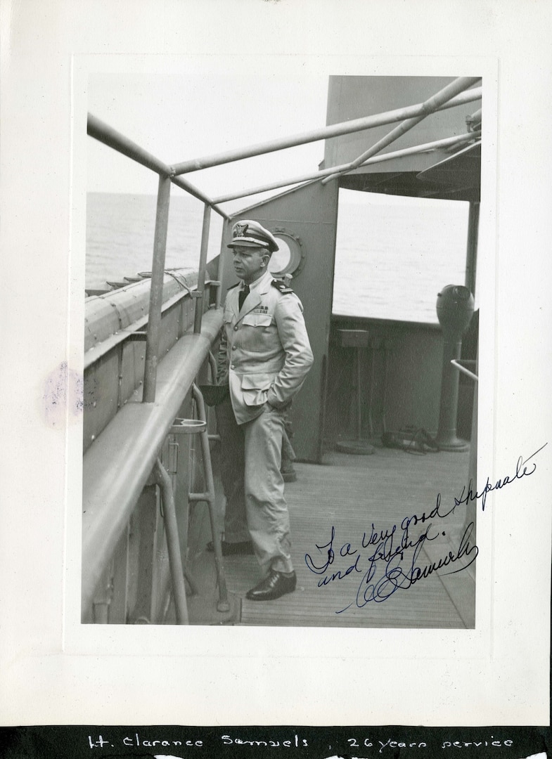 A signed photo of Lt. Clarence Samuels commanding a Coast Guard vessel near the end of World War II. (U.S. Coast Guard Collection)
