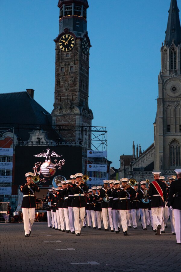 U.S. Marines with the 2d Marine Division Band perform during the Belgian Defence International Tattoo in Sint-Truiden, Belgium, June 2, 2022.