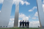 From left: U.S. Air Force Senior Airman Kristina L. Schneider, of the 179th Airlift Wing, Ohio National Guard; Tech Sgt. Brett A. Yoakum, of the 164th Airlift Wing, Tennessee National Guard; Master Sgt. Daniel P. Keller, of the 124th Fighter Wing, Idaho National Guard; and Senior Master Sgt. Jonathan Sotomayor, of the 125th Fighter Squadron, Florida National Guard, at the Air Force Memorial, Arlington, Virginia, Aug. 22, 2022. The event was part of Focus on the Force Week 2022, an annual event hosted by the command chief of the Air National Guard that highlights professional development and celebrates the accomplishments of the enlisted corps.