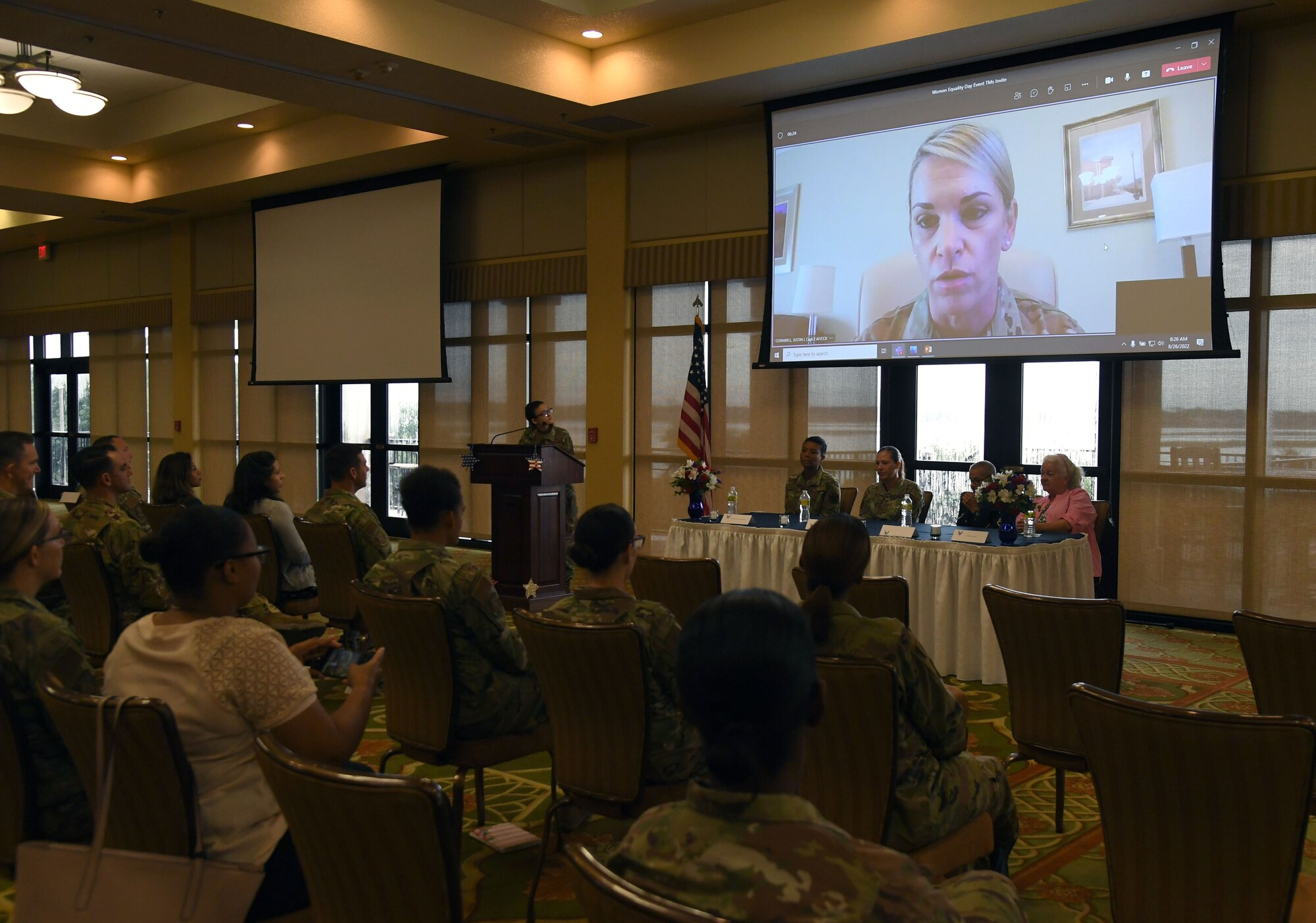 U.S. Air Force Maj. Gen. Michele Edmondson, Second Air Force commander, delivers remarks during the Women's Equality Day event inside the Bay Breeze Event Center at Keesler Air Force Base, Mississippi, Aug. 26, 2022. On Women's Equality Day, we honor the movement for universal suffrage that led to the 19th Amendment, celebrate the progress of women over the years, and renew our commitment to advancing gender equity and protecting women's rights. (U.S. Air Force photo by Kemberly Groue)