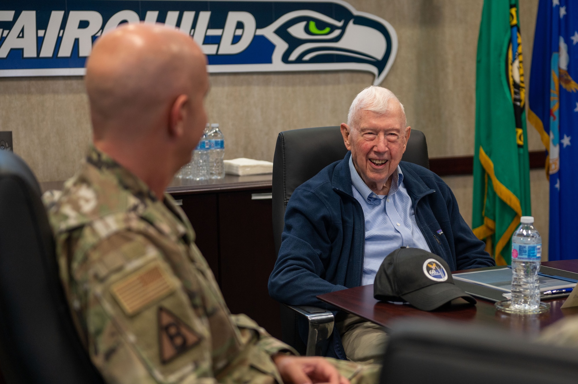 Retired Gen. John Shaud, former 92nd Bombardment wing commander, speaks with Col. Jeffrey Marshall, 92nd Air Refueling Wing vice commander at Fairchild Air Force Base, Washington, August 22, 2022. Shaud’s last act as the wing commander of the 92nd Bombardment Wing was coordinating the response to the Mount Saint Helens eruption in May 1980. (U.S. Air Force photo by Airman 1st Class Morgan Dailey)