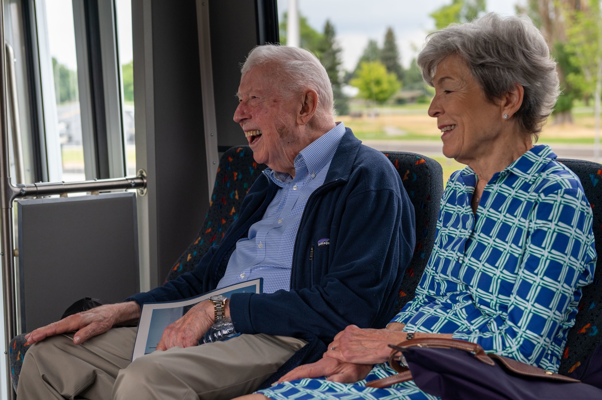Retired Gen. John Shaud, former 92nd Bombardment wing commander, and his spouse receive a base tour at Fairchild Air Force Base, Washington, August 22, 2022. Shaud had not returned to Fairchild Air Force Base since his departure in 1980. (U.S. Air Force photo by Airman 1st Class Morgan Dailey)