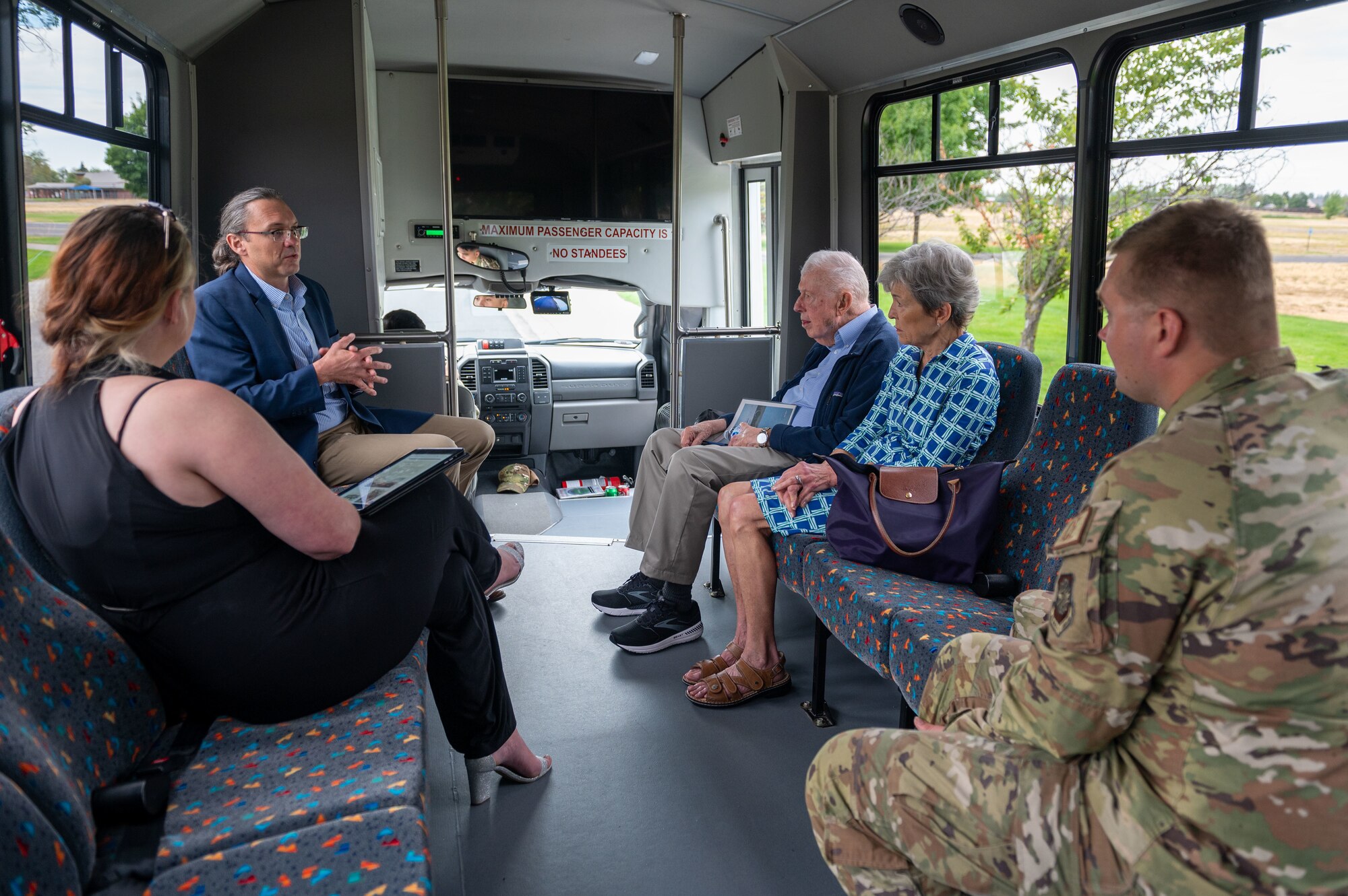 Fairchild Air Force Base personnel tour the base with retired Gen. John Shaud, former 92nd Bombardment wing commander, and his spouse at Fairchild Air Force Base, Washington, August 22, 2022. Shaud had not returned to Fairchild Air Force Base since his departure in 1980. (U.S. Air Force photo by Airman 1st Class Morgan Dailey)