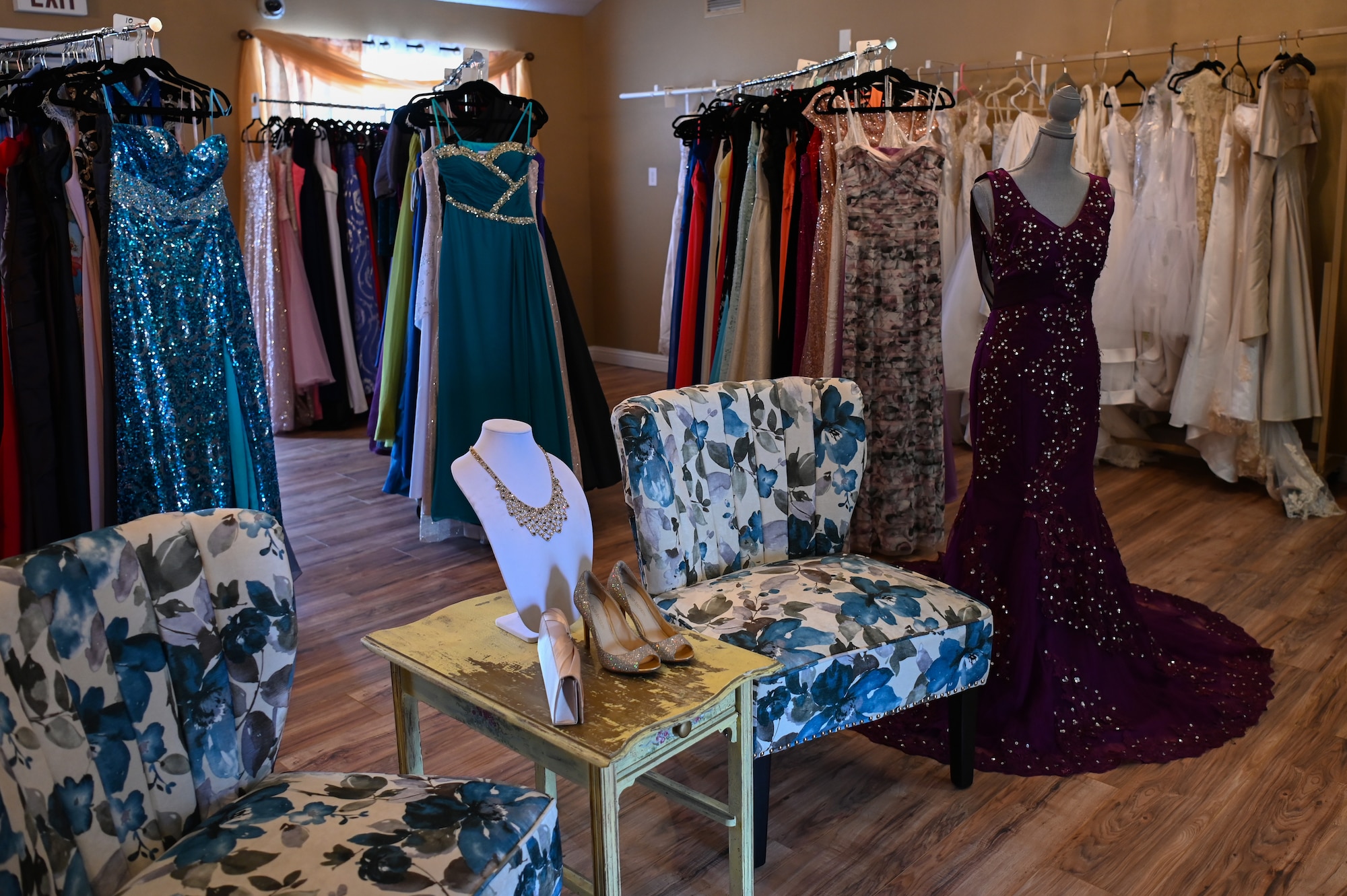 Formal wear, shoes and accessories are donated to the Cinderella’s Closet by members of the Vandenberg community to help anyone in need of pieces to wear for events on and off base. (U.S. Space Force photo by Airman 1st Class Tiarra Sibley)