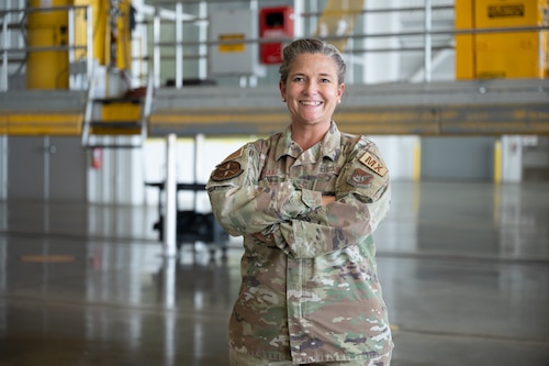 Senior Master Sgt. Amber Spear, 15th Maintenance Squadron lead production superintendent, poses for a photo at Joint Base Pearl Harbor-Hickam, Hawaii, Aug. 23, 2022. Spear has served in the Air Force for 21 years and is a non-destructive inspection Airman by trade. (U.S. Air Force photo by Staff Sgt. Alan Ricker)