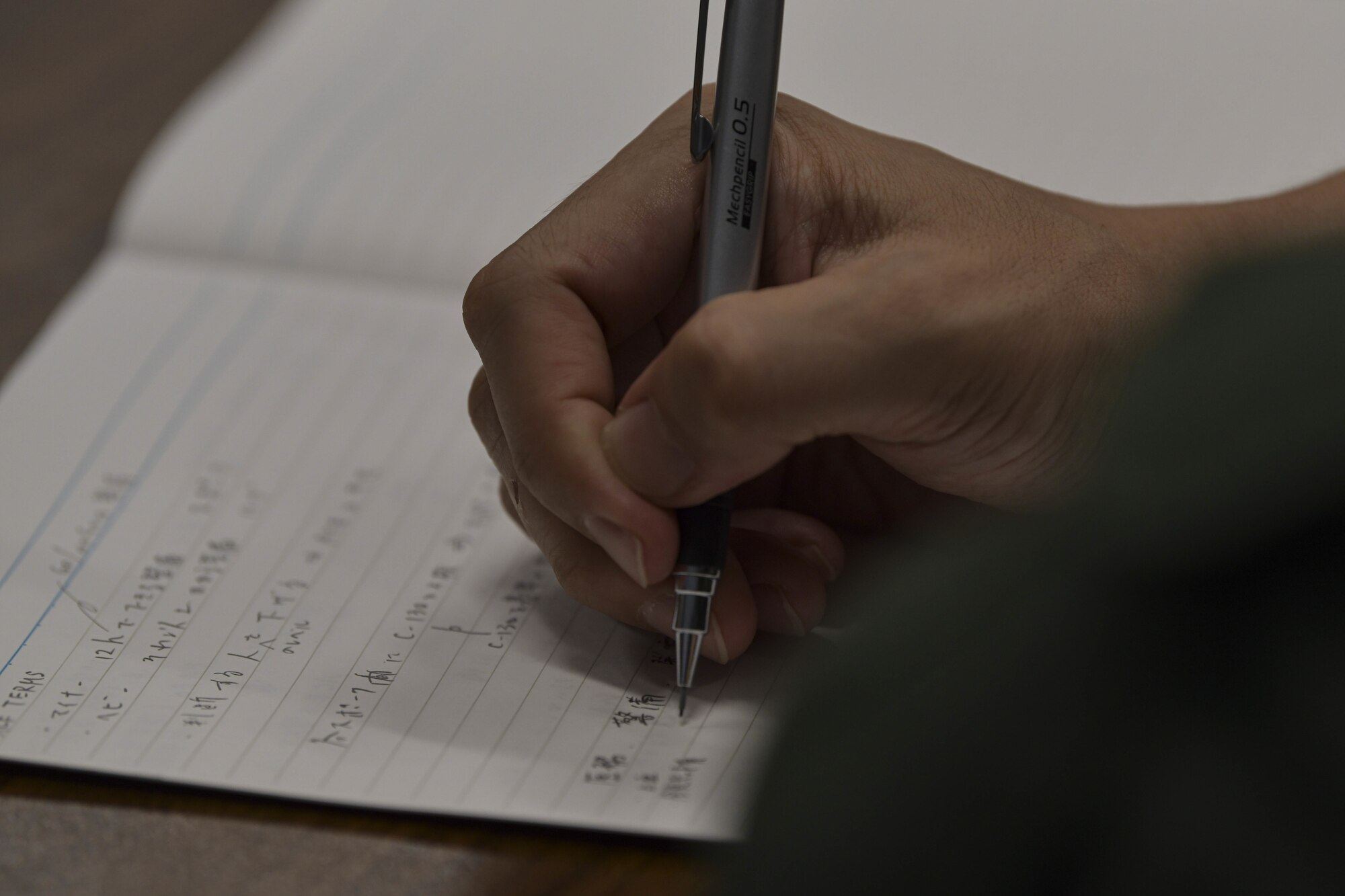 A Japanese military personnel takes notes during a meeting at Kadena Air Base