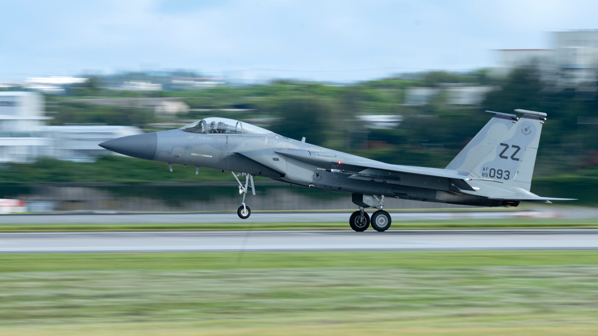An F-15C Eagle assigned to the 44th Fighter Squadron lands after a training sortie in support of surge operations at Kadena Air Base, Japan, Aug. 24, 2022. During the surge, the 44th FS flew up to 40 sorties a day, honing air-to-air tactics and advanced combat maneuvers, and strengthening the readiness capabilities needed to ensure a free and open Indo-Pacific. (U.S. Air Force photo by Senior Airman Jessi Roth)