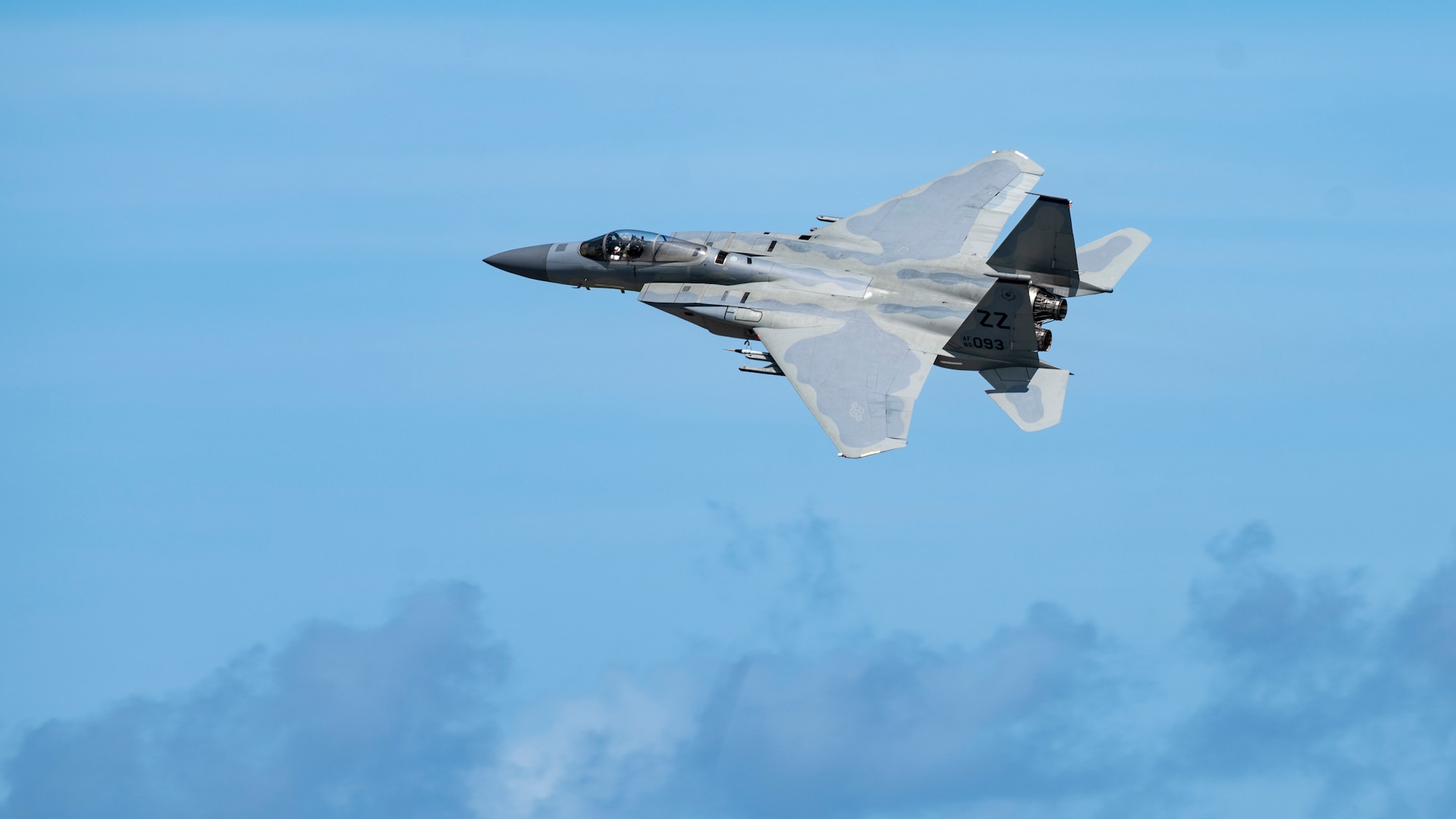An F-15C Eagle assigned to the 44th Fighter Squadron flies overhead in support of surge operations at Kadena Air Base, Japan, Aug. 23, 2022. Surge operations provide aircrew and support personnel the opportunity to train the skills necessary to maintain a ready force, capable of ensuring the collective defense of the Indo-Pacific region. (U.S. Air Force photo by Senior Airman Jessi Roth)