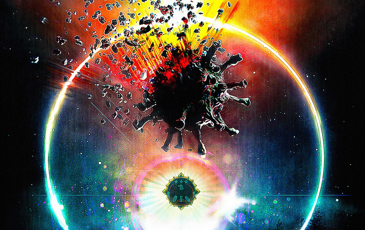 An illustration depicts a virus being torn apart in a sky.