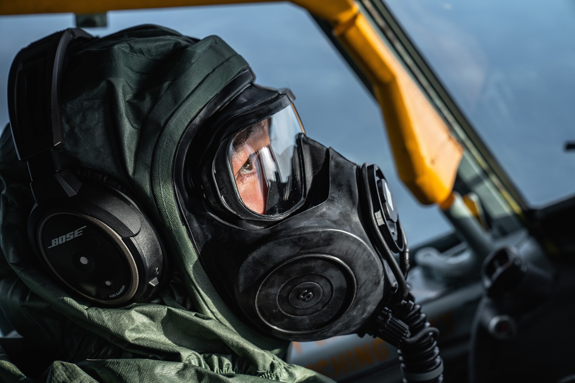 U.S. Air Force Capt. Andrew Bragado, 50th Air Refueling Squadron pilot, wears Chemical Biological Radiological Nuclear and Explosive gear on a flight during the 6th Air Refueling Wing’s Agile Combat Employment capstone exercise, Aug. 23, 2022.