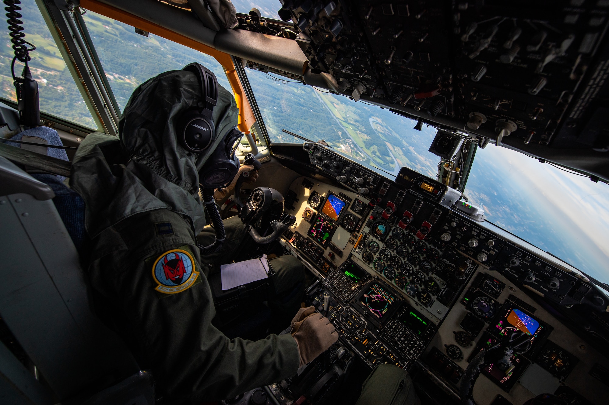 U.S. Air Force Capt. Andrew Bragado, 50th Air Refueling Squadron pilot, wears Chemical Biological Radiological Nuclear and Explosive gear on a flight during the 6th Air Refueling Wing’s Agile Combat Employment capstone exercise, Aug. 23, 2022.