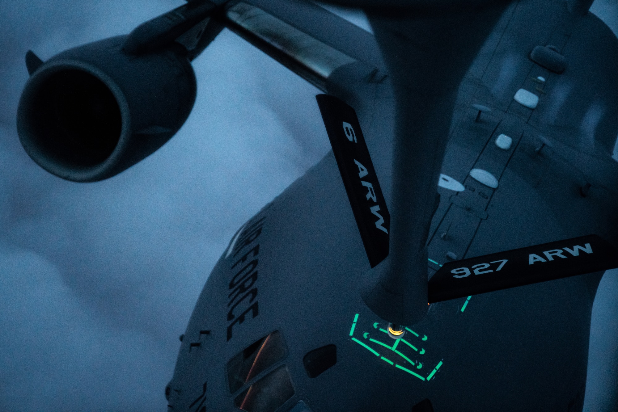 A C-17 Globemaster III aircraft assigned to the 437th Airlift Wing receives fuel from a KC-135 Stratotanker aircraft assigned to the 6th Air Refueling Wing during the 6th ARW Agile Combat Employment capstone exercise, Aug. 23, 2022.