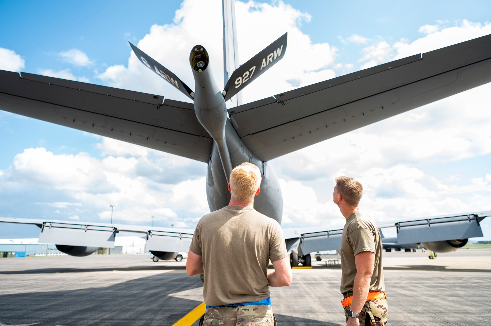 U.S. Air Force Senior Airman Jacob Tobolski and Staff Sgt. Nicholas Zeagler, maintainers with the 6th Aircraft Maintenance Squadron inspect a KC-135 Stratotanker assigned to the 91st Air Refueling Squadron at Bangor Air National Guard Base, Maine, Aug. 25, 2022.