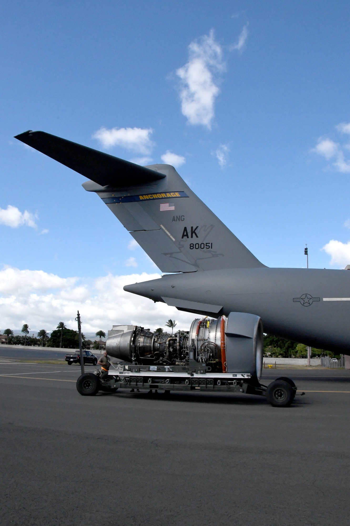 U.S. Air Force Airmen assigned to the 735th Air Mobility Squadron and the 15th Maintenance Group prepare a C-17 Globemaster III engine for installation at Joint Base Pearl Harbor-Hickam, Hawaii on Aug. 19, 2022. (U.S. Air Force photo by  Amelia Dickson)