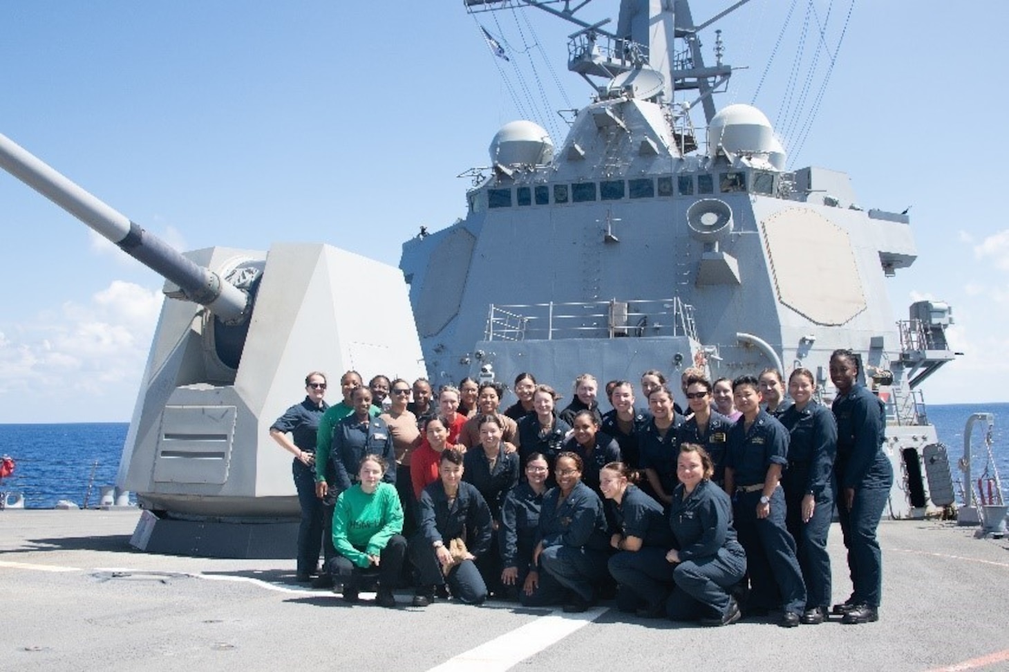Sailors assigned to the Arleigh Burke-class guided-missile destroyer USS Forrest Sherman (DDG 98) take a photo on the foc’sle after meeting to celebrate Women’s Equality Day. Forrest Sherman (DDG 98) is the flagship for Standing NATO Maritime Group Two (SNMG2), a multinational integrated task group that projects a constant and visible reminder of the Alliance’s solidarity and cohesion afloat and provides the Alliance with a continuous maritime capability to perform a wide range of tasks, including exercises and real-world operations in periods of crisis and conflict.
