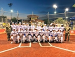 Air Force displaying their gold medals with Fort Sill Garrison Commander Col. James Peay and Command Sgt. Maj. William Taylor during the 2022 Armed Forces Sports Men's Softball Championship hosted by Army at Fort Sill, Okla.  Championship features teams from the Army, Marine Corps, Navy, and Air Force.