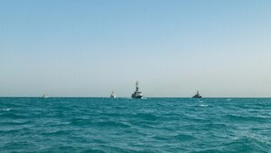 220825-N-ZA692-2267 ARABIAN GULF (Aug. 25, 2022) U.S. Navy coastal patrol ship USS Sirocco (PC 6), U.S. Coast Guard fast response cutter USCGC Charles Moulthrope (WPC 1141), Kuwait Naval Force ship Maskan (P 3717), and Iraq Navy fast attack craft P-310, sail together during a joint patrol exercise in the Arabian Gulf, Aug. 25. Trilateral engagements help strengthen partnerships and ensure maritime stability and security in the Middle East region.