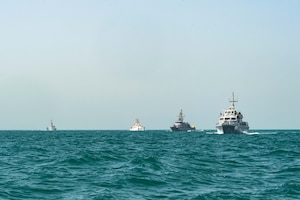 220825-N-ZA692-2853 ARABIAN GULF (Aug. 25, 2022) U.S. Navy coastal patrol ship USS Sirocco (PC 6), U.S. Coast Guard fast response cutter USCGC Charles Moulthrope (WPC 1141), Kuwait Naval Force ship Maskan (P 3717), and Iraq Navy fast attack craft P-310, sail together during a joint patrol exercise in the Arabian Gulf, Aug. 25. Trilateral engagements help strengthen partnerships and ensure maritime stability and security in the Middle East region.
