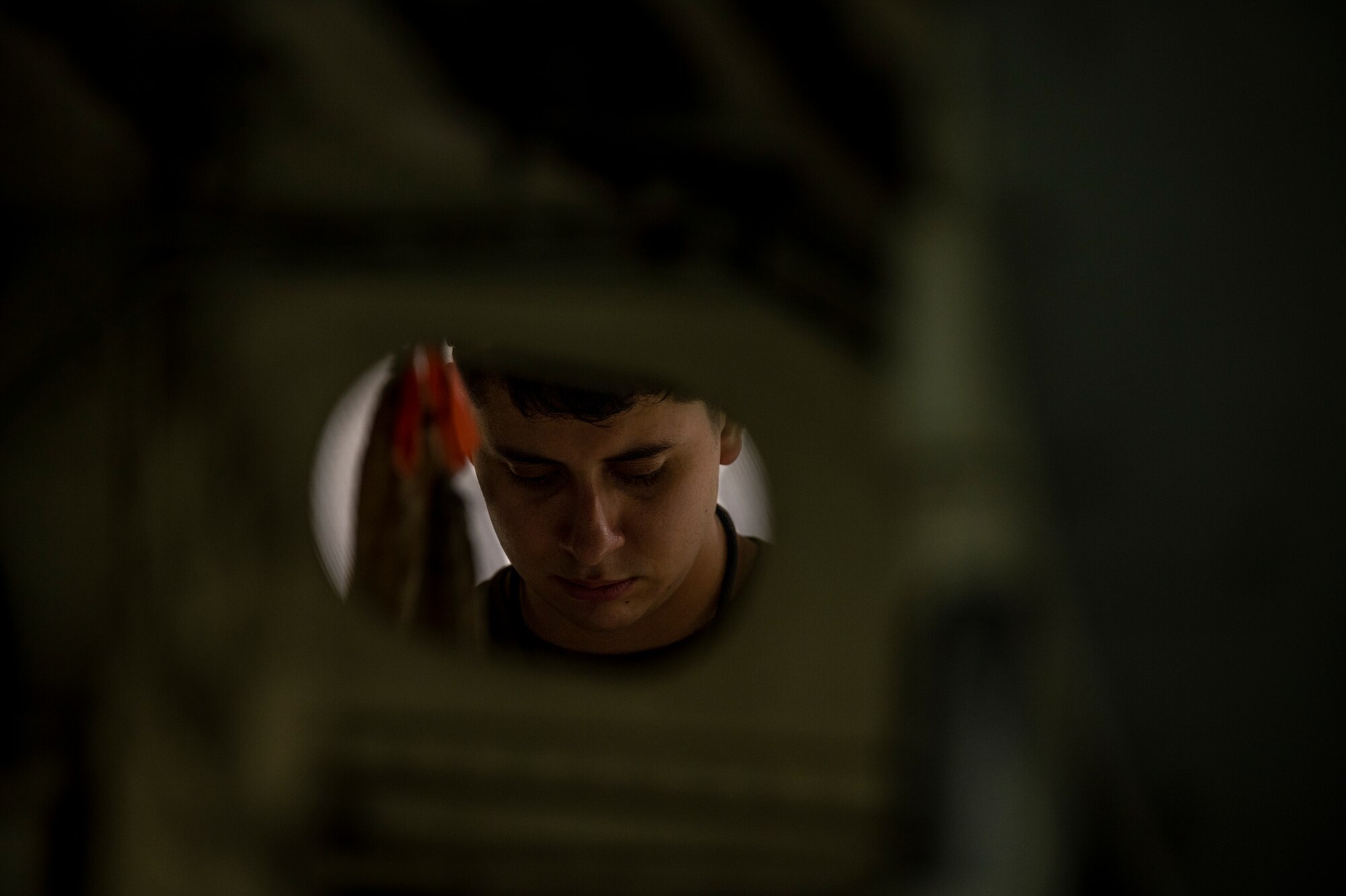 Staff Sgt. Sergio Cano, 36th Fighter Generation Squadron, metals technology technician, performs maintenance on an F-16 Fighting Falcon during a training scenario at Osan Air Base, Republic of Korea, Aug. 15, 2022.
