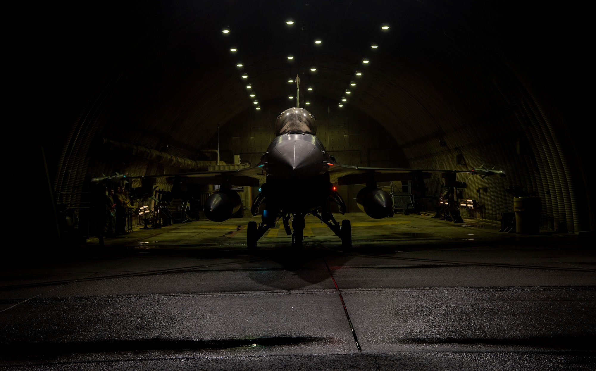 An F-16 Fighting Falcon assigned to the 36th Fighter Squadron taxis to the runway during a base-wide training event at Osan Air Base, Republic of Korea, Aug. 15, 2022.