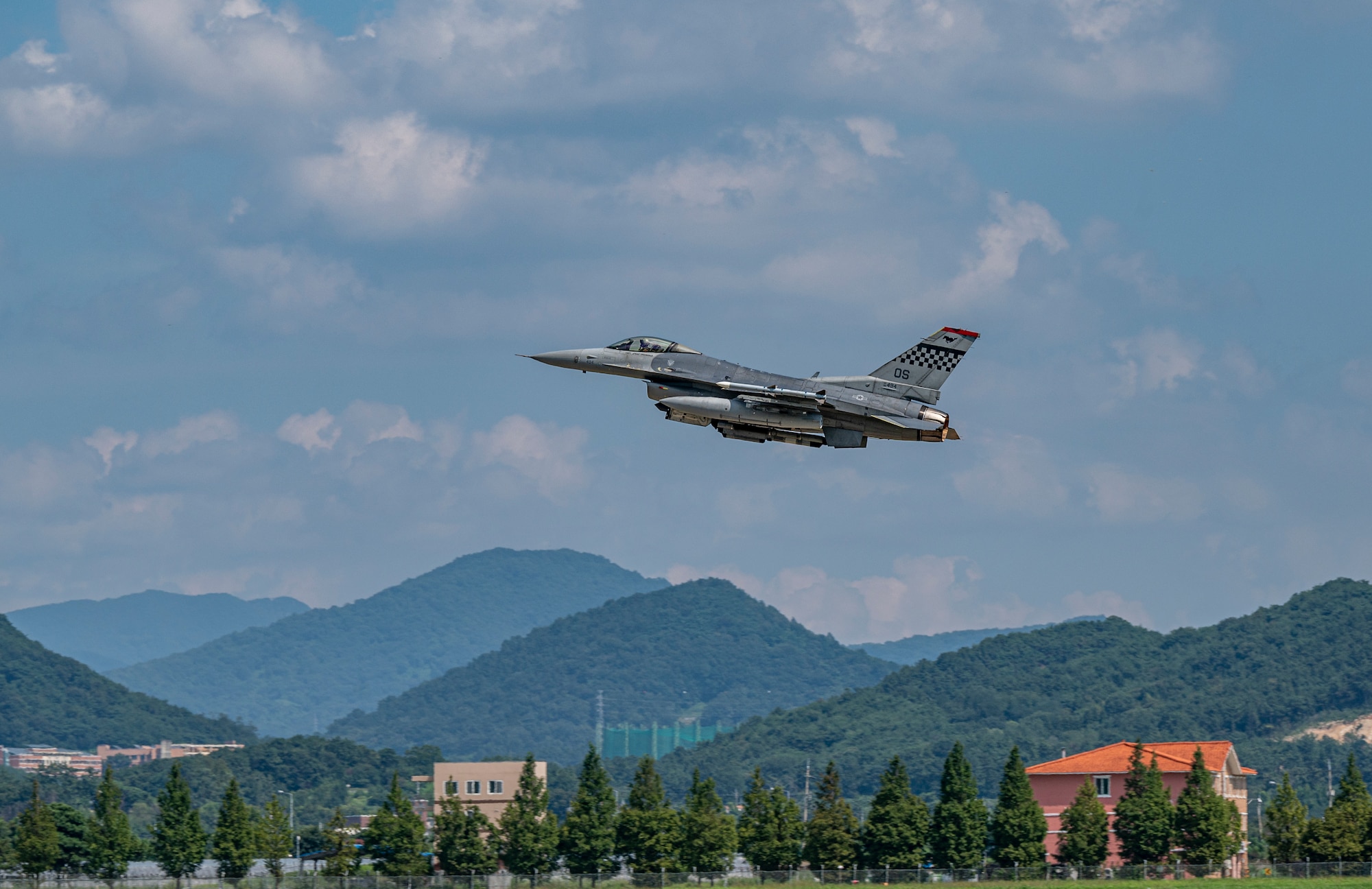 An F-16 Fighting Falcon assigned to the 36th Fighter Squadron takes off as part of a training mission at Gwangju Air Base, Republic of Korea, Aug. 18, 2022.