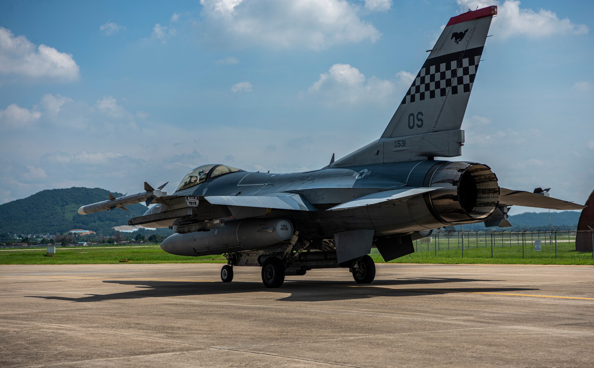 An F-16 Fighting Falcon assigned to the 36th Fighter Squadron taxis on the runway before flight during a training event at Gwangju Air Base, Republic of Korea, Aug. 18, 2022.