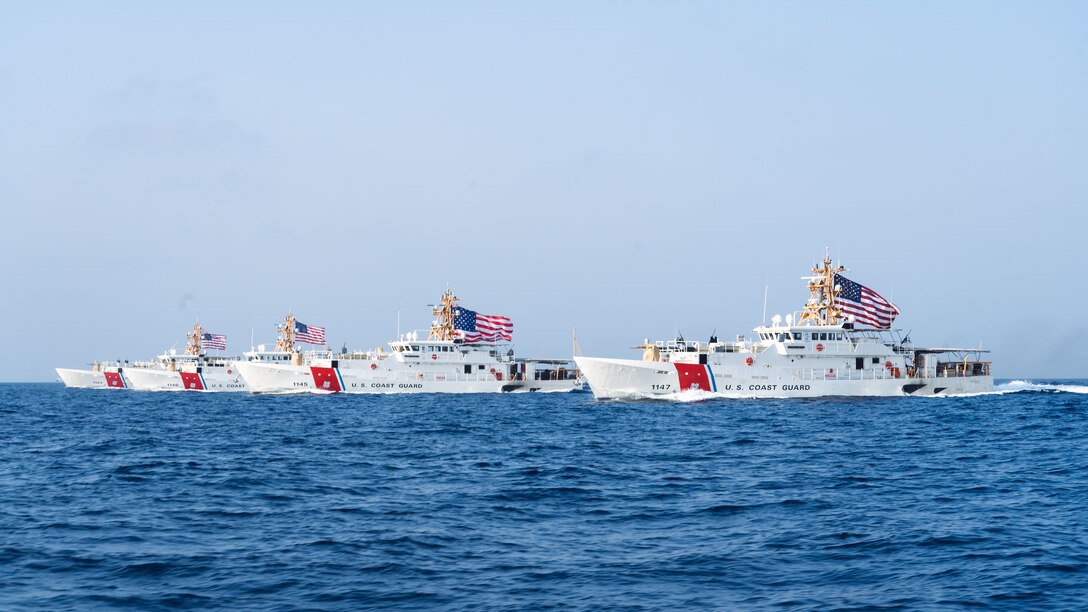 From the left, U.S. Coast Guard fast response cutters USCGC Glen Harris (WPC 1144), USCGC John Scheuerman (WPC 1146), USCGC Emlen Tunnell (WPC 1145) and USCGC Clarence Sutphin Jr. (WPC 1147) transit the Strait of Hormuz