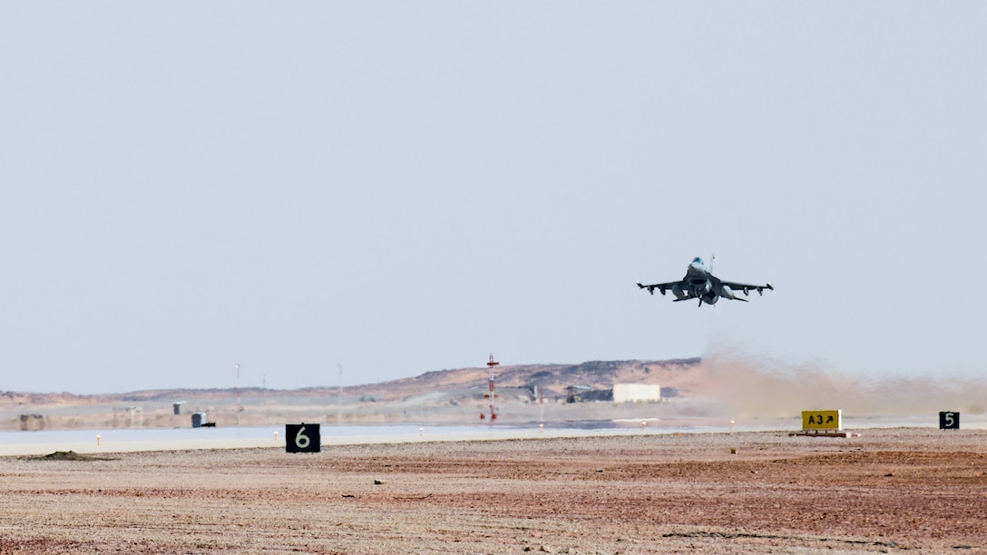 A U.S. Air Force F-16CJ Fighting Falcon, assigned to the 79th Expeditionary Fighter Squadron, takes off from Prince Sultan Air Base, Kingdom of Saudi Arabia, Aug. 24, 2022. The 79th EFS projects combat airpower across AFCENT’s area of responsibility, supporting personnel, improving force movement, and showing U.S. and partner nations resolve in the region. (U.S. Air Force photo by Staff Sgt. Noah J. Tancer)