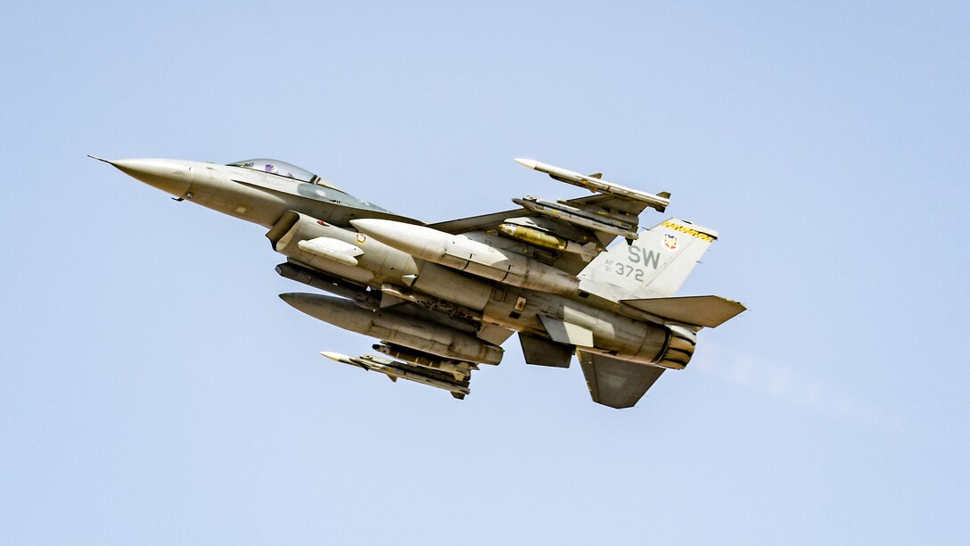 A U.S. Air Force F-16CJ Fighting Falcon, assigned to the 79th Expeditionary Fighter Squadron, takes off from Prince Sultan Air Base, Kingdom of Saudi Arabia, Aug. 24, 2022. The 79th EFS projects combat airpower across AFCENT’s area of responsibility, supporting personnel, improving force movement, and showing U.S. and partner nations resolve in the region. (U.S. Air Force photo by Staff Sgt. Noah J. Tancer)
