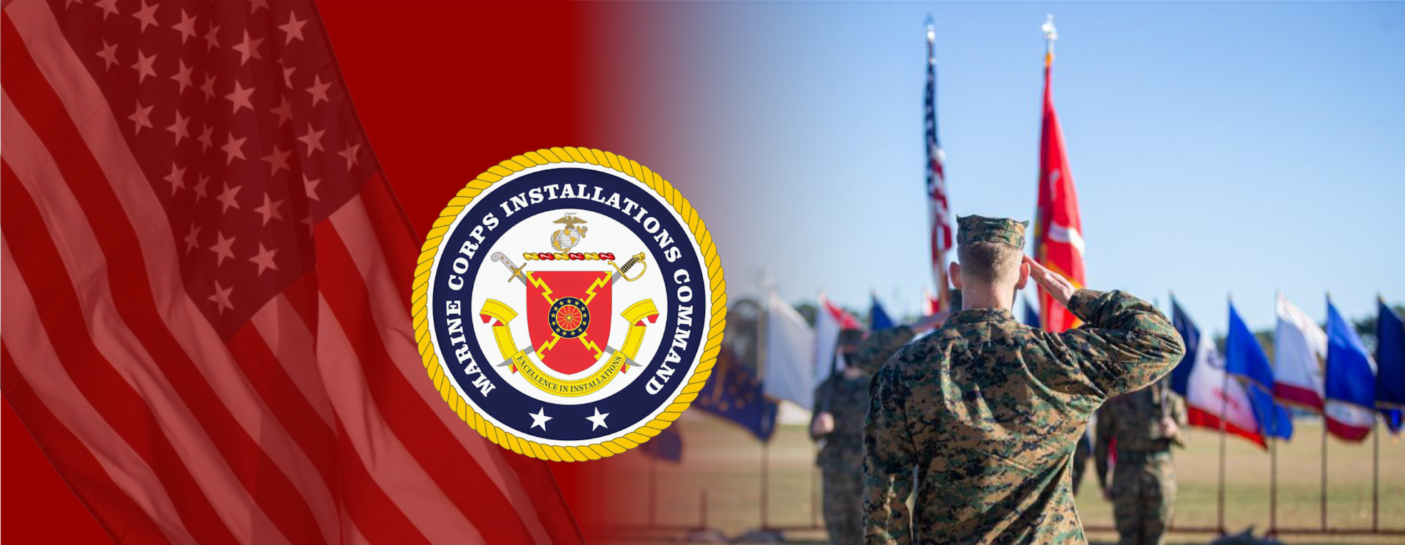 From left to right: The American flag covered with red gradient, MCICOM coat of arms, and a photo of a Marine saluting various flags.