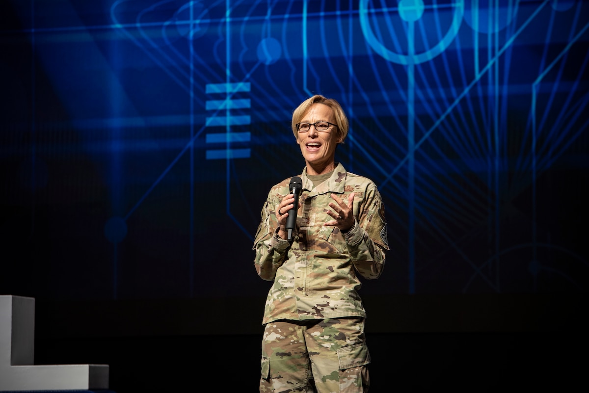 Air Force Research Laboratory Commander Maj. Gen. Heather Pringle delivers opening remarks for AFRL Inspire, a special TEDx-style event at the Air Force Institute of Technology's Kenney Hall at Wright-Patterson Air Force Base, Aug. 23, 2022. (U.S. Air Force photo / Rick Eldridge)