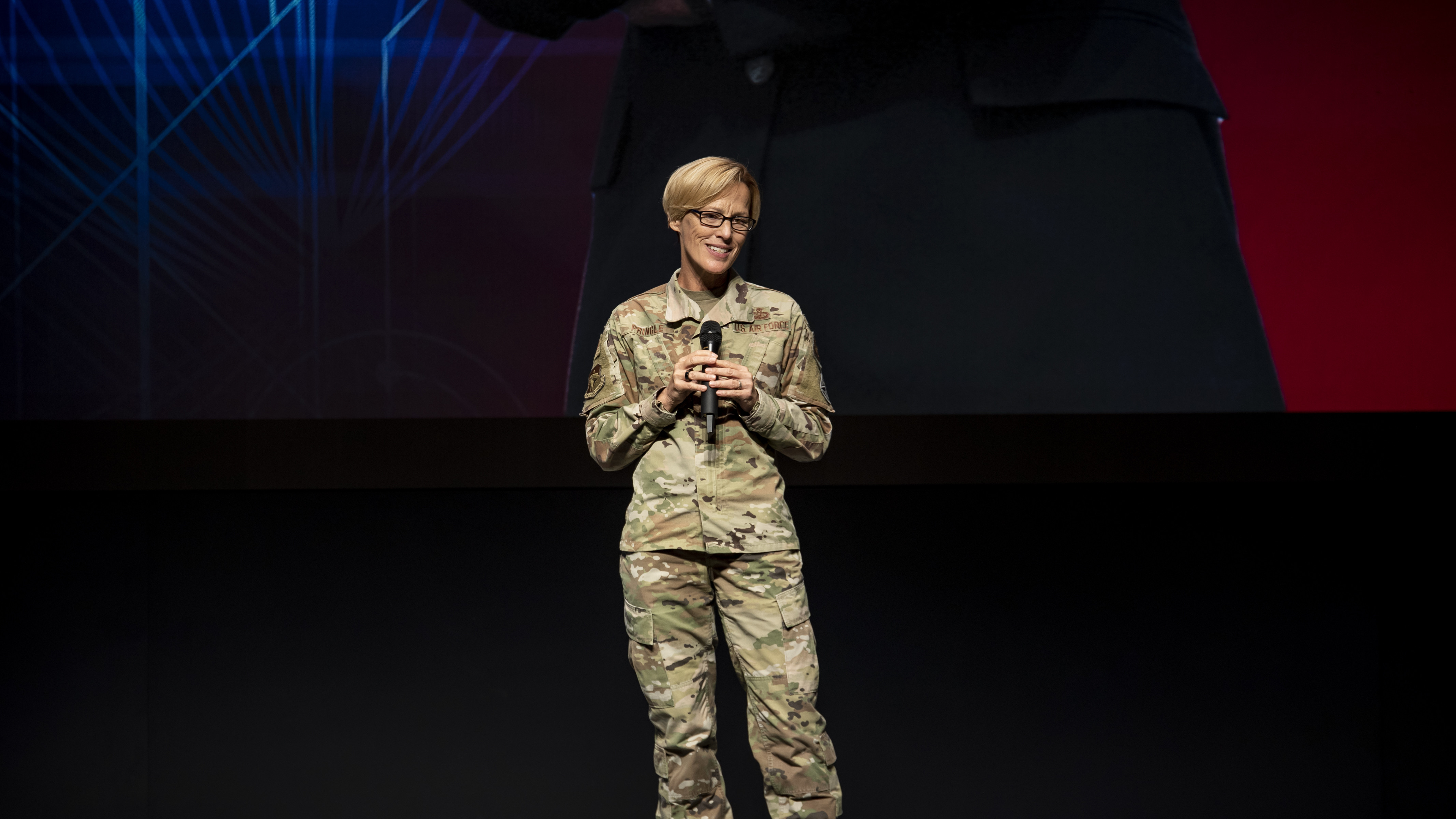 Air Force Research Laboratory Commander Maj. Gen. Heather Pringle delivers opening remarks for AFRL Inspire, a special TEDx-style event at the Air Force Institute of Technology's Kenney Hall at Wright-Patterson Air Force Base, Aug. 23, 2022. (U.S. Air Force photo / Rick Eldridge)