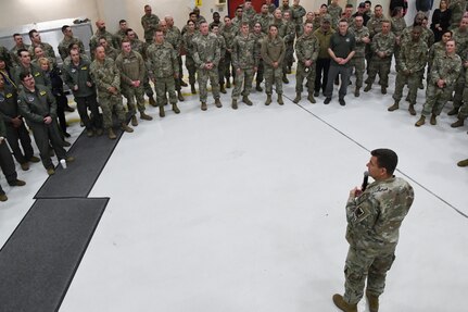 U.S. Air Force Lt. Gen. Michael Loh, director, Air National Guard, speaks with Airmen of the 168th Wing, Alaska National Guard, during a unit visit at Eielson Air Force Base, Alaska, August 9, 2022. Loh thanked the Airmen for their dedication to the Arctic mission and asked them to thank their families and employers for helping to deliver Air Power for America. (U.S. Air National Guard photo by Senior Master Sgt. Julie Avey)