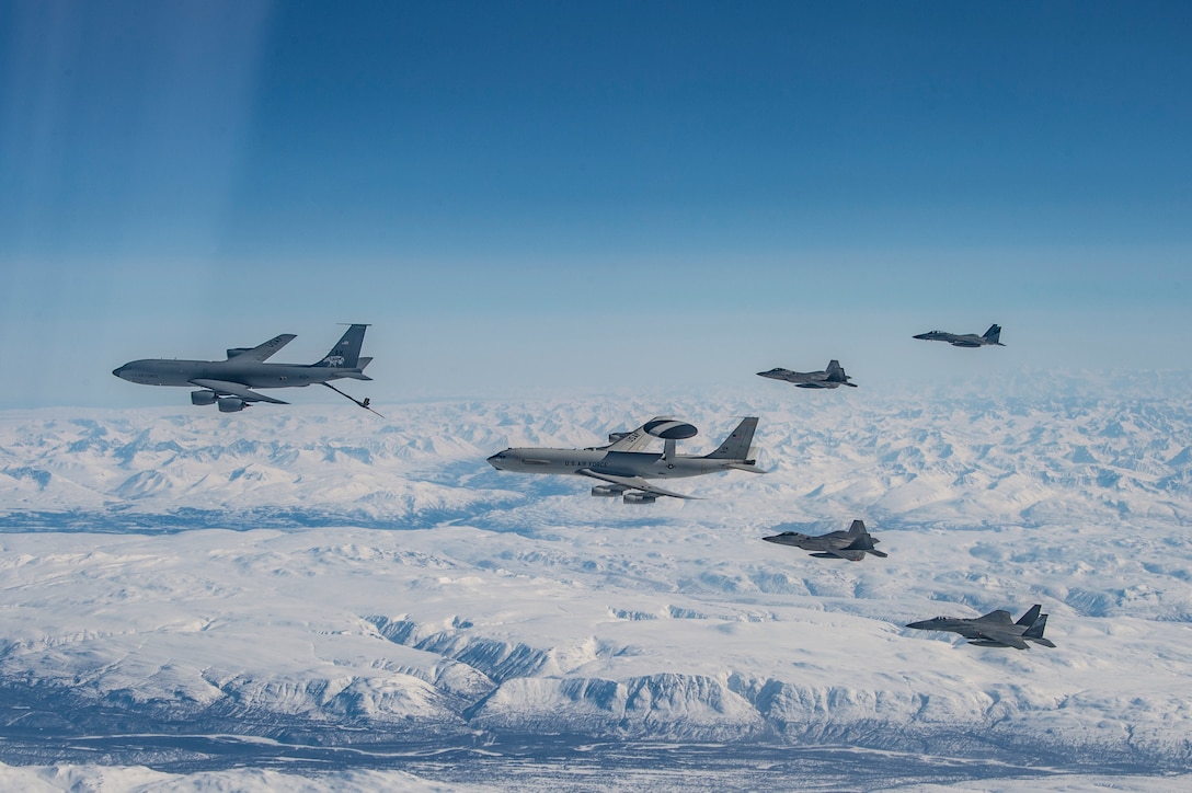 U.S. Air Force F-15C Eagles assigned to the California National Guard's 144th Fighter Wing participate in dissimilar aircraft training  at Joint Base Elmendorf - Richardson Alaska April 18, 2022.(U.S. Air National Guard photo by Master Sgt. Charles Vaughn)