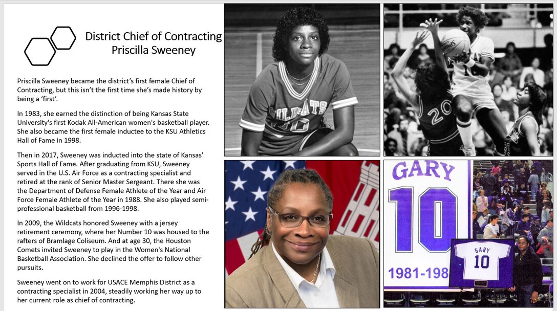 Memphis District Trailblazers: Priscilla Sweeney became the district’s first female Chief of Contracting, but this isn’t the first time she’s made history by being a ‘first’.

In 1983, she earned the distinction of being Kansas State University's first Kodak All-American women's basketball player. She also became the first female inductee to the KSU Athletics Hall of Fame in 1998.

Then in 2017, Sweeney was inducted into the state of Kansas’ Sports Hall of Fame. After graduating from KSU, Sweeney served in the U.S. Air Force as a contracting specialist and retired at the rank of Senior Master Sergeant. There she was the Department of Defense Female Athlete of the Year and Air Force Female Athlete of the Year in 1988. She also played semi-professional basketball from 1996-1998.

In 2009, the Wildcats honored Sweeney with a jersey retirement ceremony, where her Number 10 was housed to the rafters of Bramlage Coliseum. And at age 30, the Houston Comets invited Sweeney to play in the Women's National Basketball Association. She declined the offer to follow other pursuits.