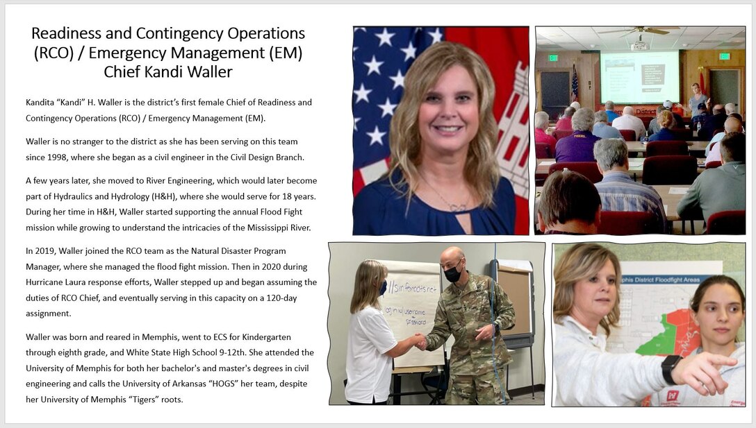 Memphis District Trailblazers: Kandita “Kandi” H. Waller is the district’s first female Chief of Readiness and Contingency Operations (RCO) / Emergency Management (EM). 
Waller is no stranger to the district as she has been serving on this team since 1998, where she began as a civil engineer in the Civil Design Branch.  

Waller was born and reared in Memphis, went to ECS for Kindergarten through eighth grade, and White State High School 9-12th. She attended the University of Memphis for both her bachelor's and master's degrees in civil engineering and calls the University of Arkansas “HOGS” her team, despite her University of Memphis “Tigers” roots.