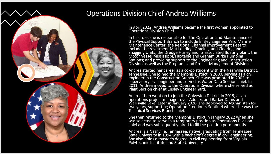 Memphis District Trailblazers: Andrea Williams (right) became the first woman appointed to Operations Division Chief.
In this role, she is responsible for the Operation and Maintenance of the Physical Support Branch to include Ensley Engineer Yard Marine Maintenance Center; the Regional Channel Improvement fleet to include the revetment Mat Loading, Grading, and Clearing and Snagging Units; the Dredge Hurley and its associated floating plant; the Motor Vessel Mississippi, Huxtable and Graham Burke Pumping Stations; and providing support to the Engineering and Construction Division as well as the Programs and Project Management Division.