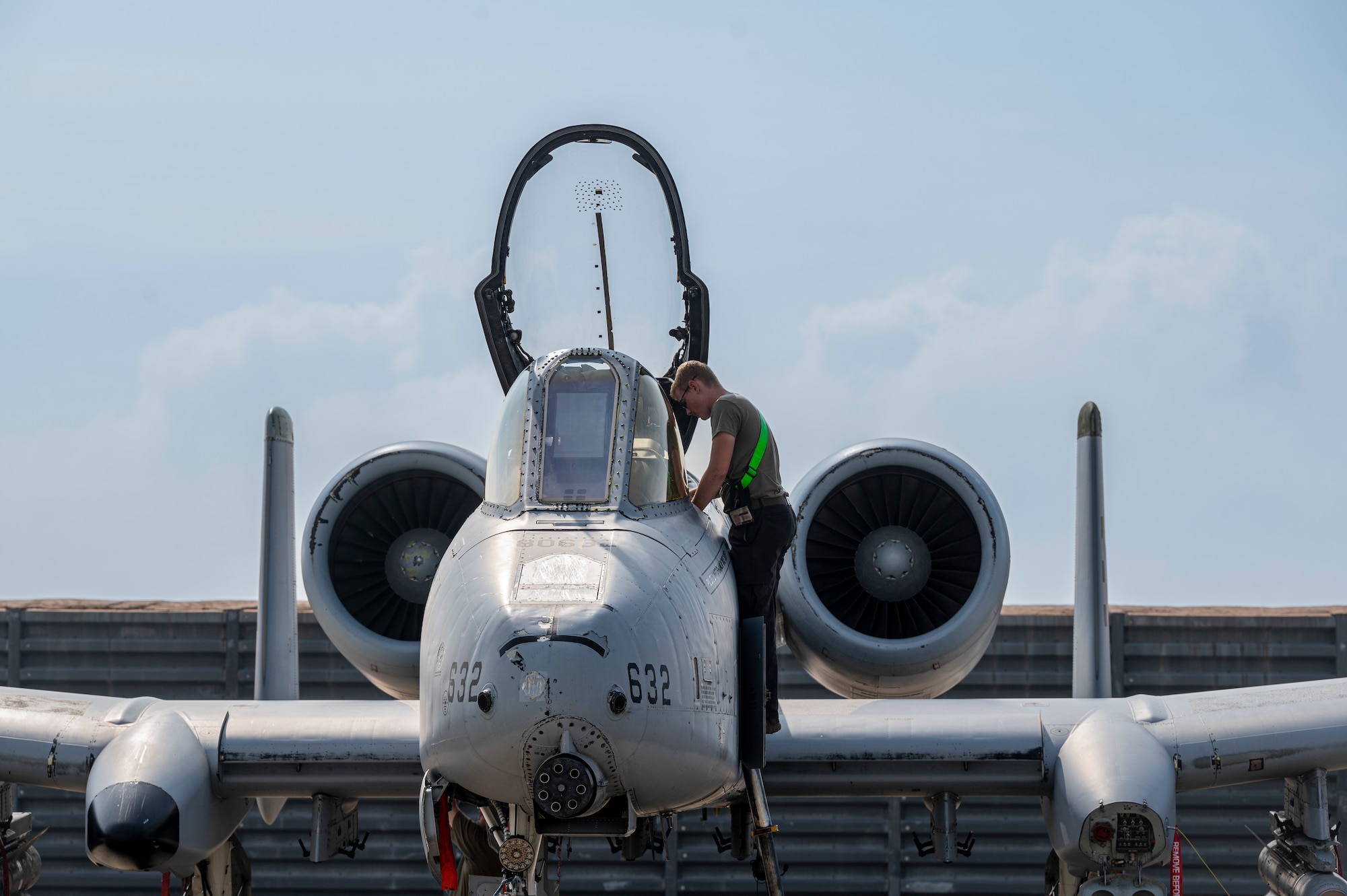 Airman 1st Class Preston Hartje, 25th Fighter Generation Squadron crew chief, performs post-flight maintenance on an A-10C Thunderbolt II during a training sortie at Gwangju Air Base, Republic of Korea, Aug. 18, 2022.
