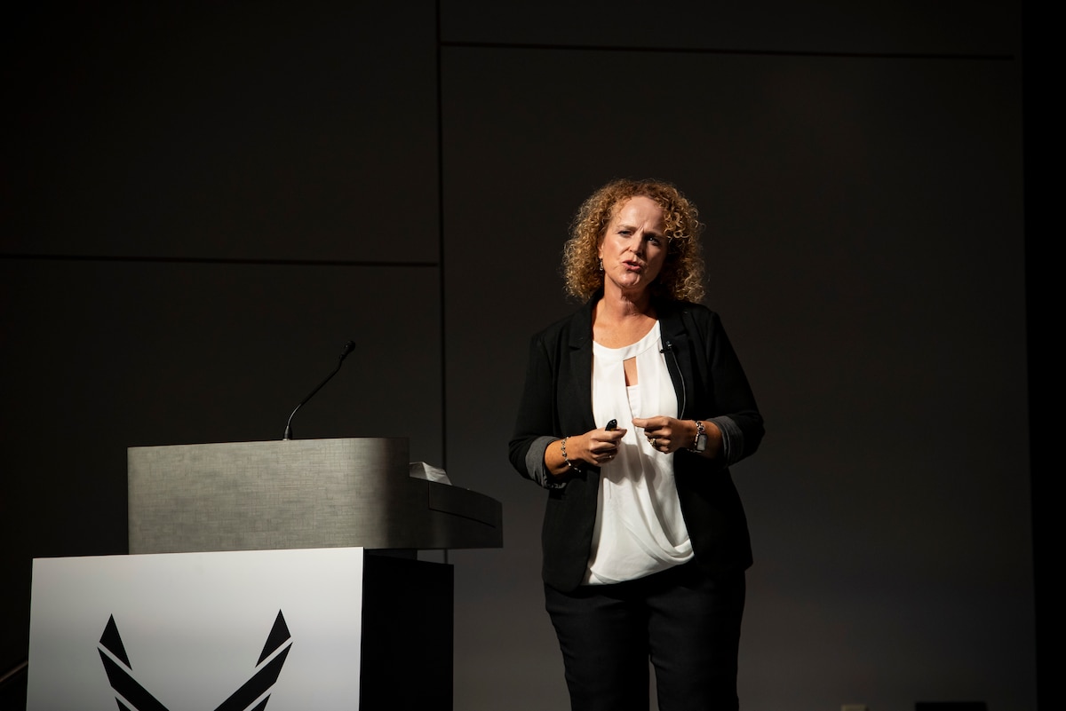 Dr. Melissa Wilson, a nurse scientist from the Air Force Research Laboratory’s 711th Human Performance Wing, presents her talk,
“Moral Distress and the Science of Caring,”
during AFRL Inspire. AFRL hosted this special TEDx-style event at the Air Force Institute of Technology's Kenney Hall at Wright-Patterson Air Force Base, Aug. 23, 2022. (U.S. Air Force photo / Rick Eldridge)