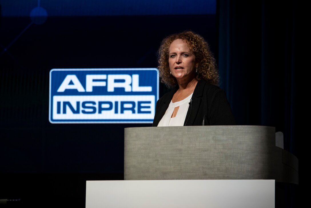 Dr. Melissa Wilson, a nurse scientist from the Air Force Research Laboratory’s 711th Human Performance Wing, presents her talk,
“Moral Distress and the Science of Caring,”
during AFRL Inspire. AFRL hosted this special TEDx-style event at the Air Force Institute of Technology's Kenney Hall at Wright-Patterson Air Force Base, Aug. 23, 2022. (U.S. Air Force photo / Rick Eldridge)