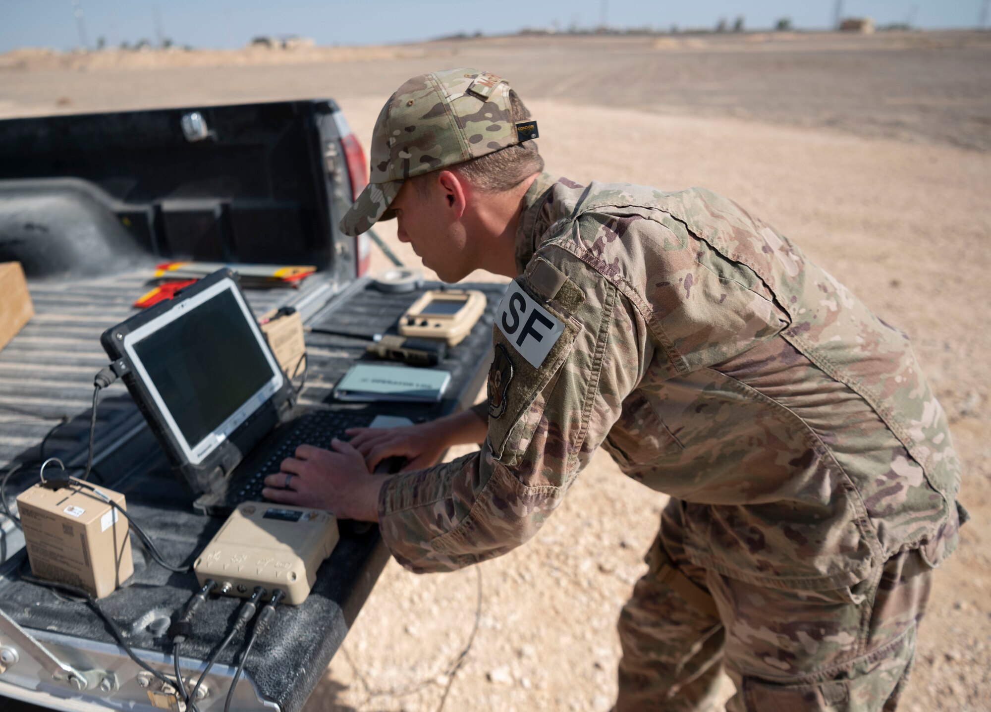 332d Expeditionary Security Forces Squadron fly small Unmanned Aerial Systems (sUAS) at an undisclosed location in Southwest Asia August 16, 2022. Unmanned Aerial Vehicles (UAV) roles have expanded to include intelligence gathering, electronic attack, drone strikes, suppression or destruction of enemy air defense network node or communication relay, combat search and rescue.