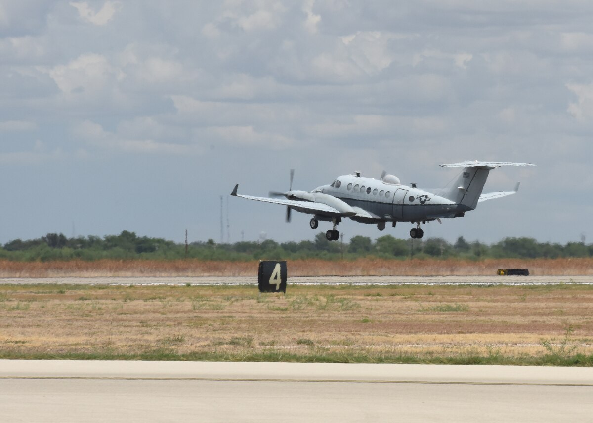 An MC-12W assigned to the 137th Special Operations Wing, Oklahoma National Guard, departs from San Angelo Regional Airport-Mathis Field, Texas, Aug. 24, 2022. The MC-12W is a twin-engine turbo prop aircraft used for intelligence, surveillance and reconnaissance missions in support of ground forces around the world. (U.S. Air Force photo by Airman 1st Class Zachary Heimbuch)