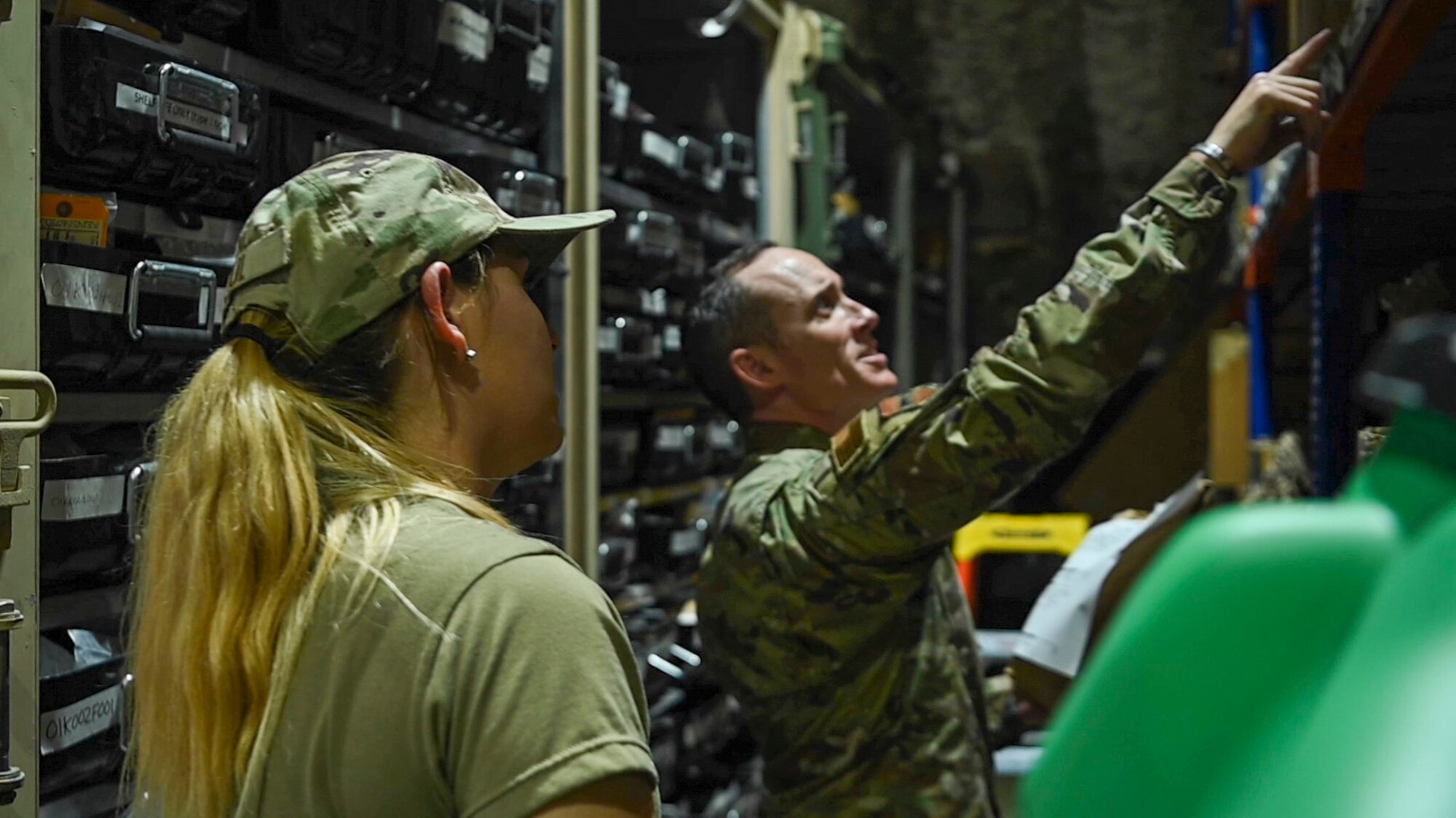 U.S. Air Force Chief Master Sgt. Kevin Eberlin, 332d AEW command chief, visited with team members from the 332d Expeditionary Logistics Readiness Squadron, Materiel Management at an undisclosed location in Southwest Asia August 13, 2022. These immersion visits provide greater insight into the unique skillsets every Airman brings to the 332d AEW Red Tail team. (U.S. Air Force photo by 1st Lt. Michael Luangkhot)