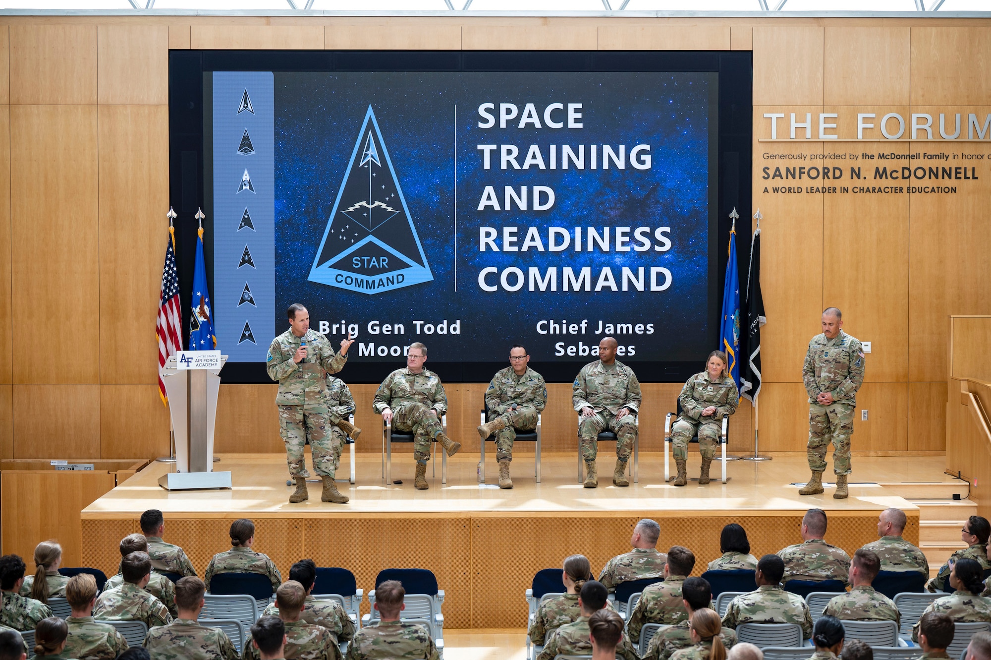 Senior leaders from Space Training and Readiness Command speak with aspirational space cadets during a conference at the U.S. Air Force Academy