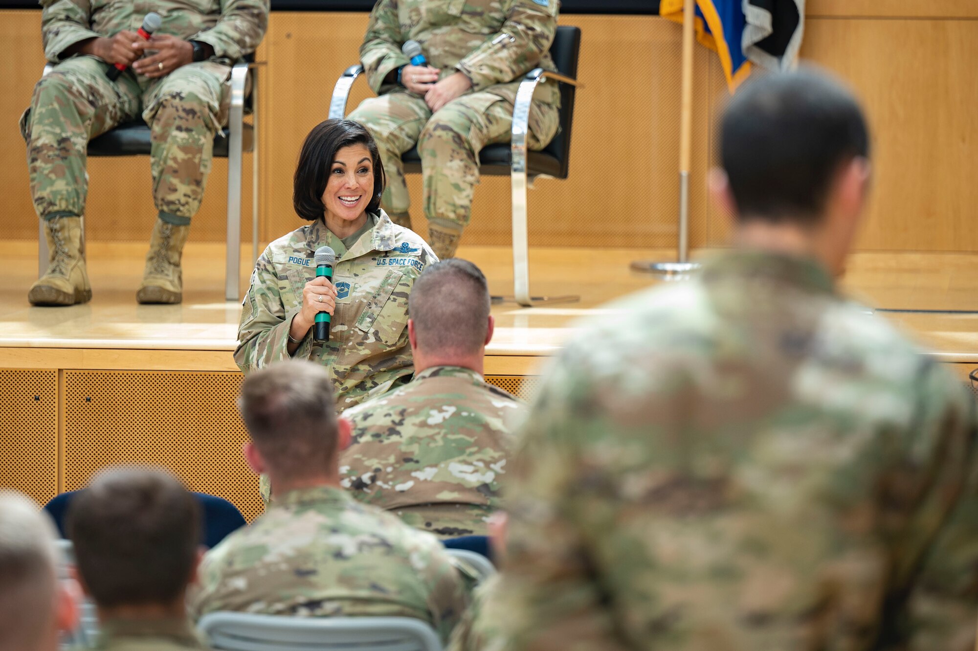 U.S. Space Force Chief Master Sgt. Karmann Pogue, Space Delta 10 senior enlisted leader, speaks with aspirational space cadets during a conference at the U.S. Air Force Academy, Colorado