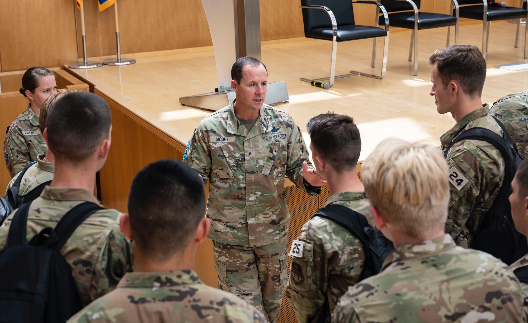 Brig. Gen. Todd Moore, Space Training and Readiness Command deputy commander, meets with aspirational space cadets at the U.S. Air Force Academy