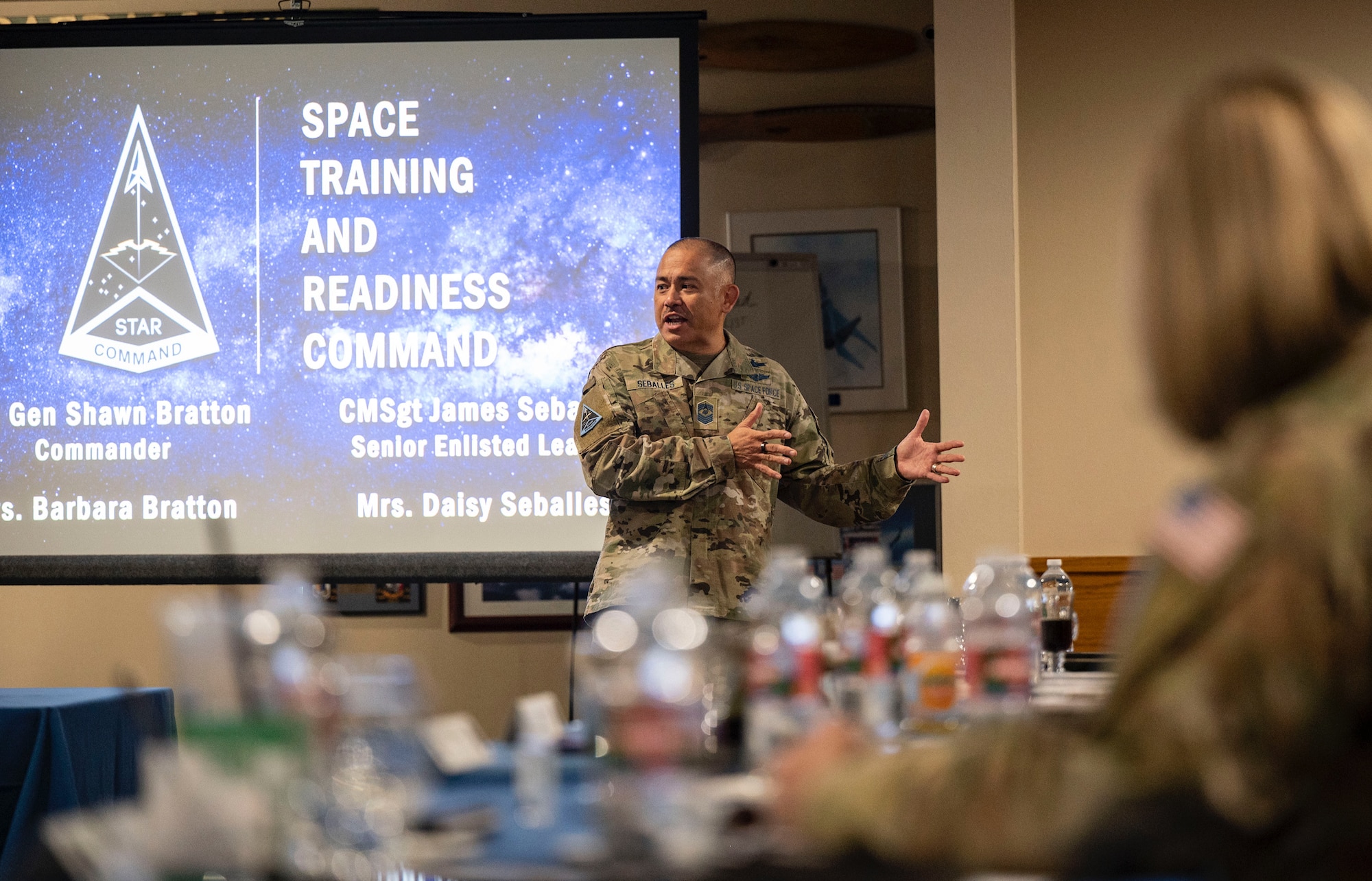 U.S. Space Force Chief Master Sgt. James Seballes, Space Training and Readiness Command senior enlisted leader, gives opening remarks to kickoff a conference at the U.S. Air Force Academy
